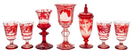 A group of Bohemian ruby flashed glass,