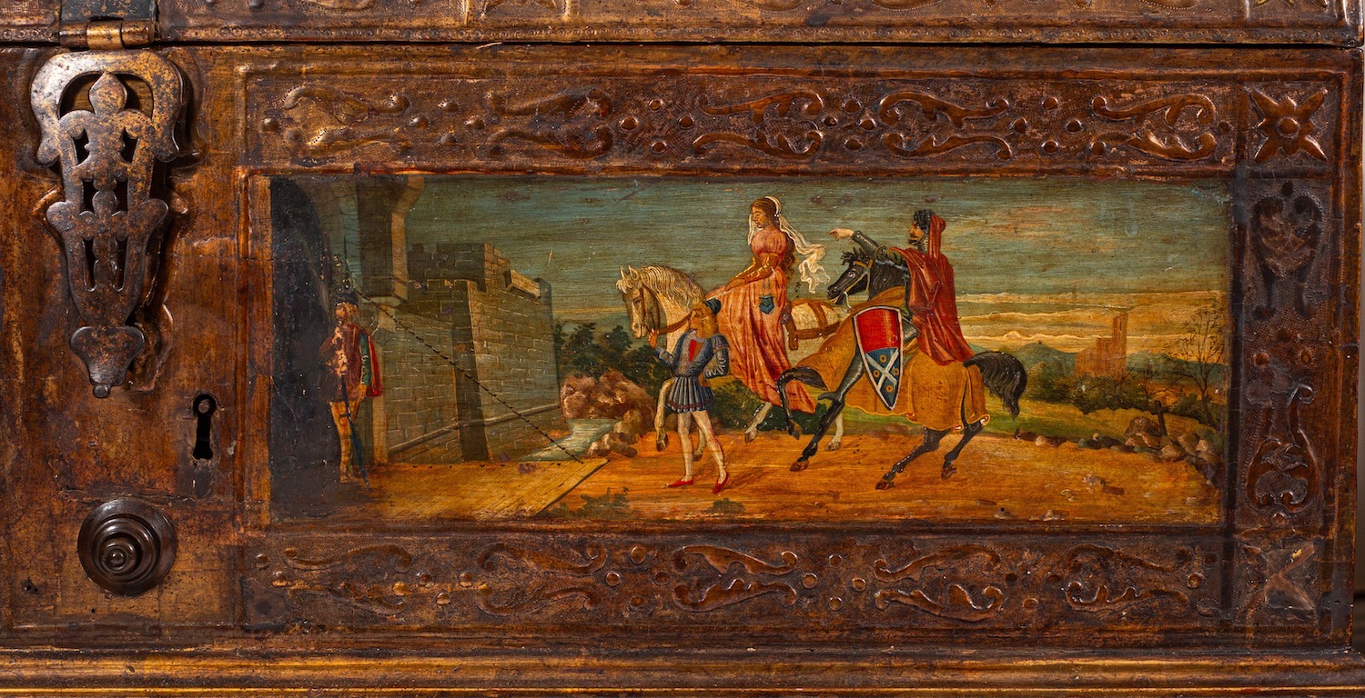 An Austrian painted and parcel gilt marriage coffer on stand, in Renaissance style, - Image 3 of 4