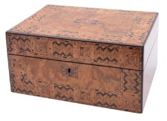 A Victorian parquetry inlaid walnut sewing box the interior fitted with a lift-out tray and