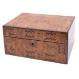 A Victorian parquetry inlaid walnut sewing box the interior fitted with a lift-out tray and