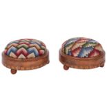A pair of Victorian walnut and Tunbridgeware circular footstools, circa 1880,
