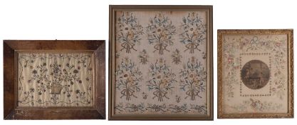 A group of three silk embroidered flower pictures,