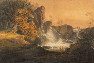 William Payne (British, 1760-1830) Travellers crossing a bridge by a waterfall Watercolour 20.
