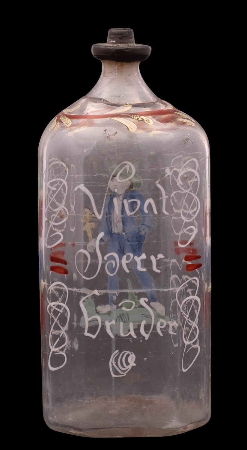 A German enamelled glass flask, 18th century inscribed 'Vivat Joerr Bruder' [long live brother], - Image 2 of 2