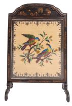 A black lacquered wood and beadwork embroidered firescreen,