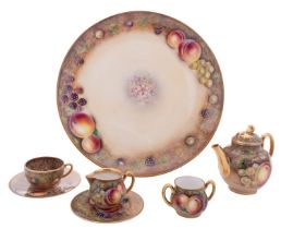 A Royal Worcester porcelain miniature tea set, comprising a circular tray, tea pot and cover,