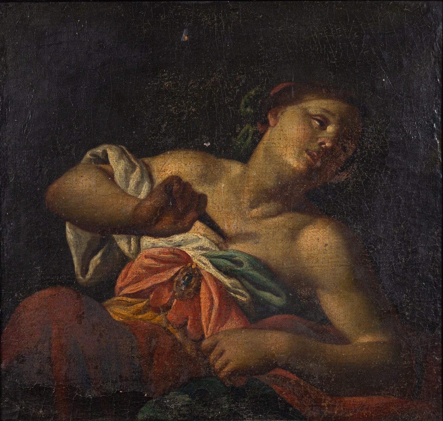 Italian School (16th Century) Lucretia Oil on panel 30 x 32cm Label on the verso reads 'Da Parma'