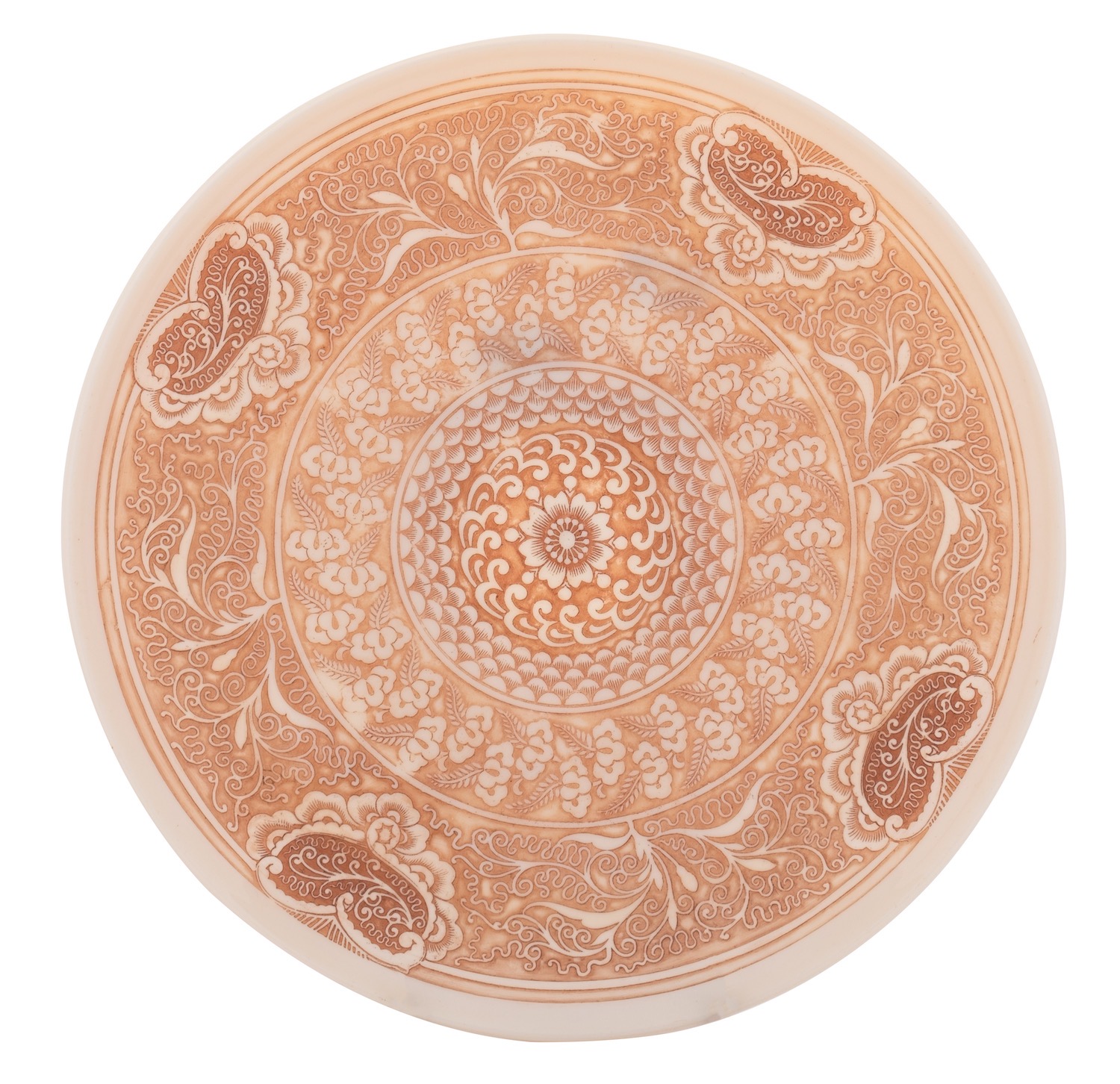 A Thomas Webb 'ivory' cameo glass plate: carved and brown patinated with bands of stylised flowers,