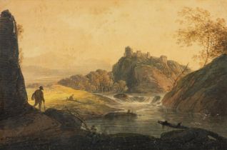 William Payne (British, 1760-1830) Travellers beside a river with a castle beyond Watercolour 20.