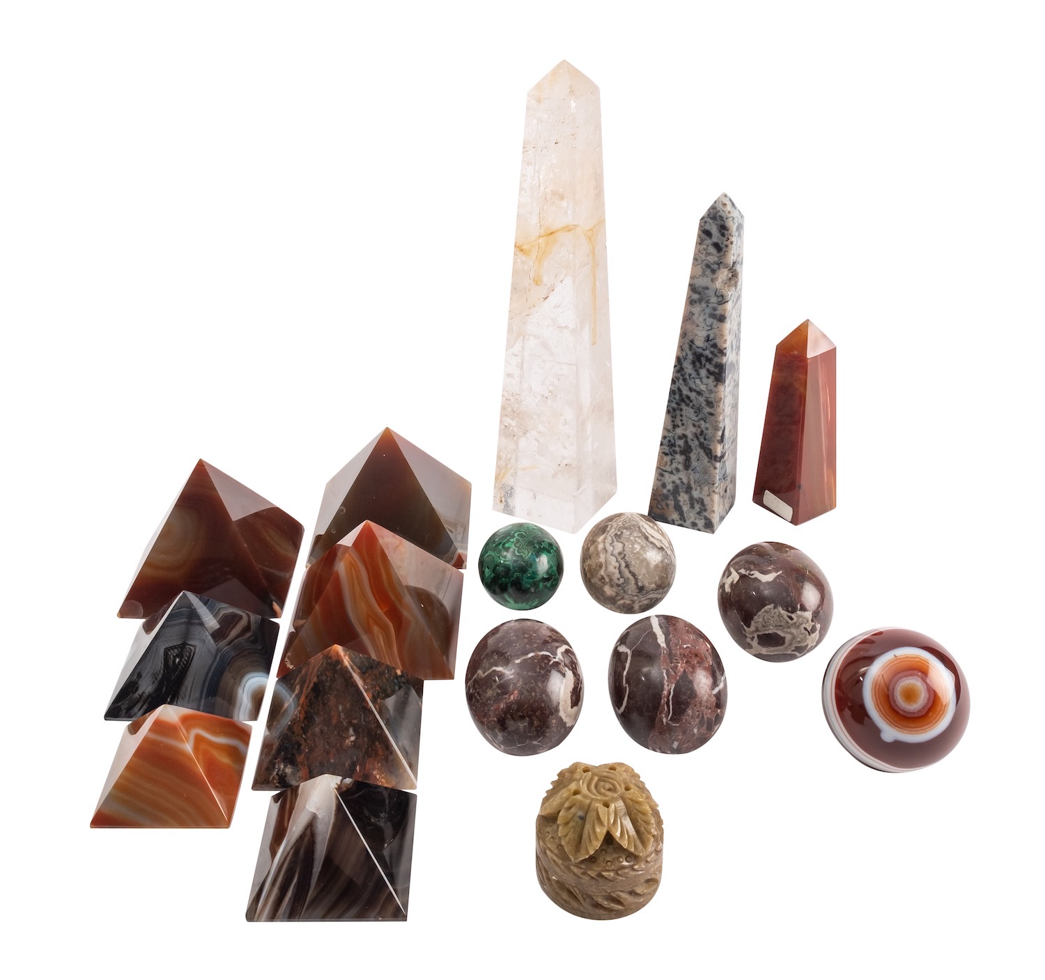 A group of semi-precious hardstone ornaments; including a rock crystal obelisk, 24cm high,