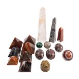 A group of semi-precious hardstone ornaments; including a rock crystal obelisk, 24cm high,