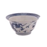 A small Chinese blue and white klapmuts bowl painted with dragons pursuing flaming pearls,