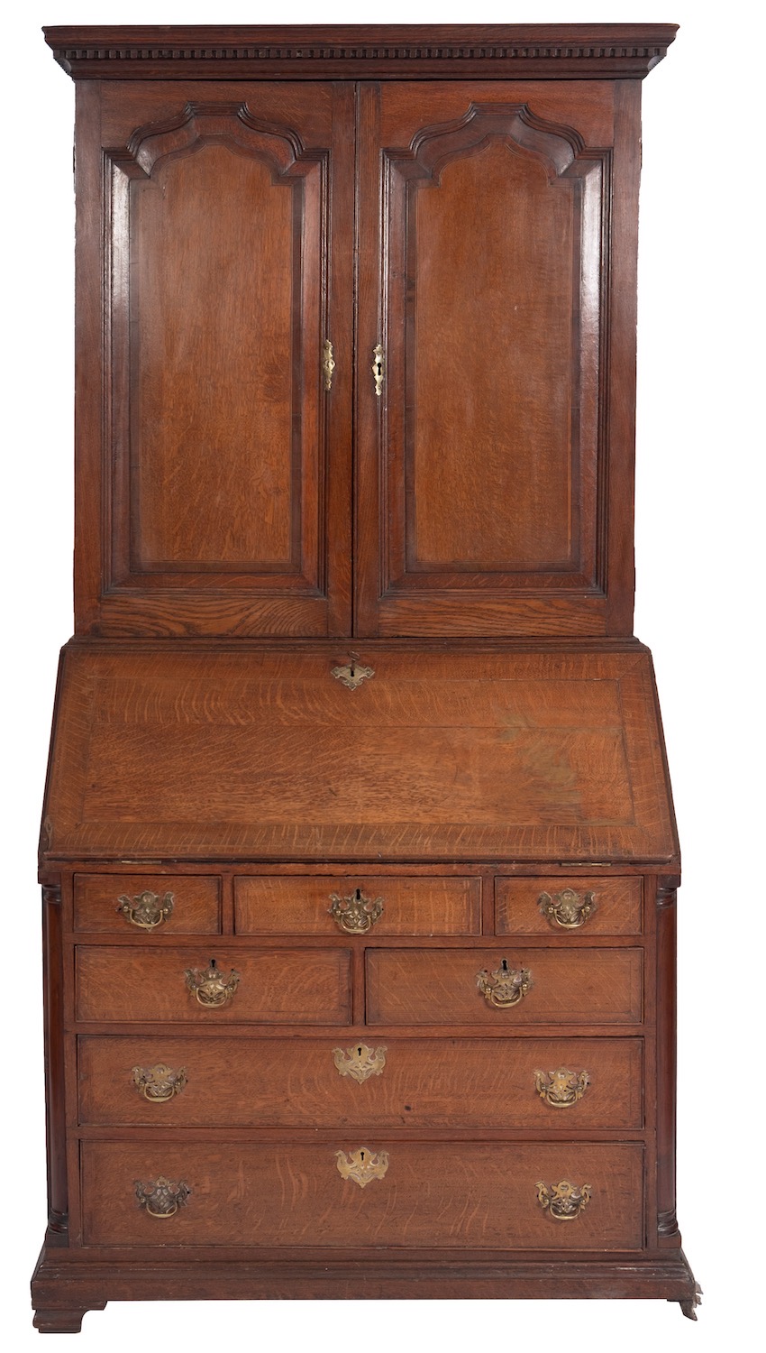 A George III oak and line inlaid bureau cabinet,