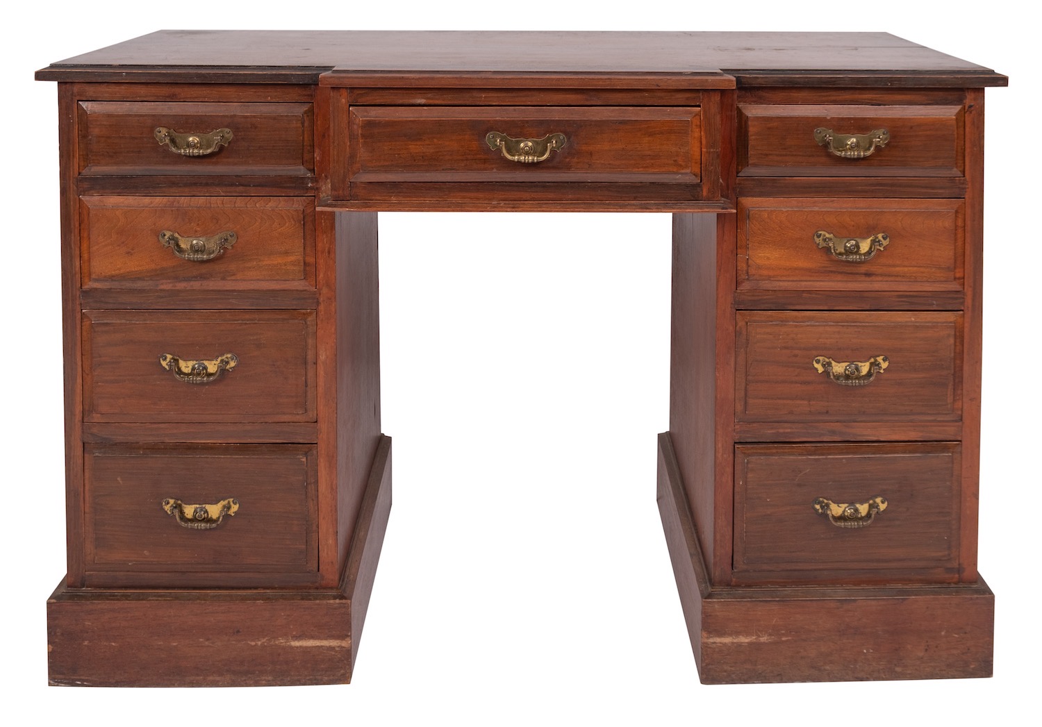 An Edwardian mahogany breakfront pedestal desk,