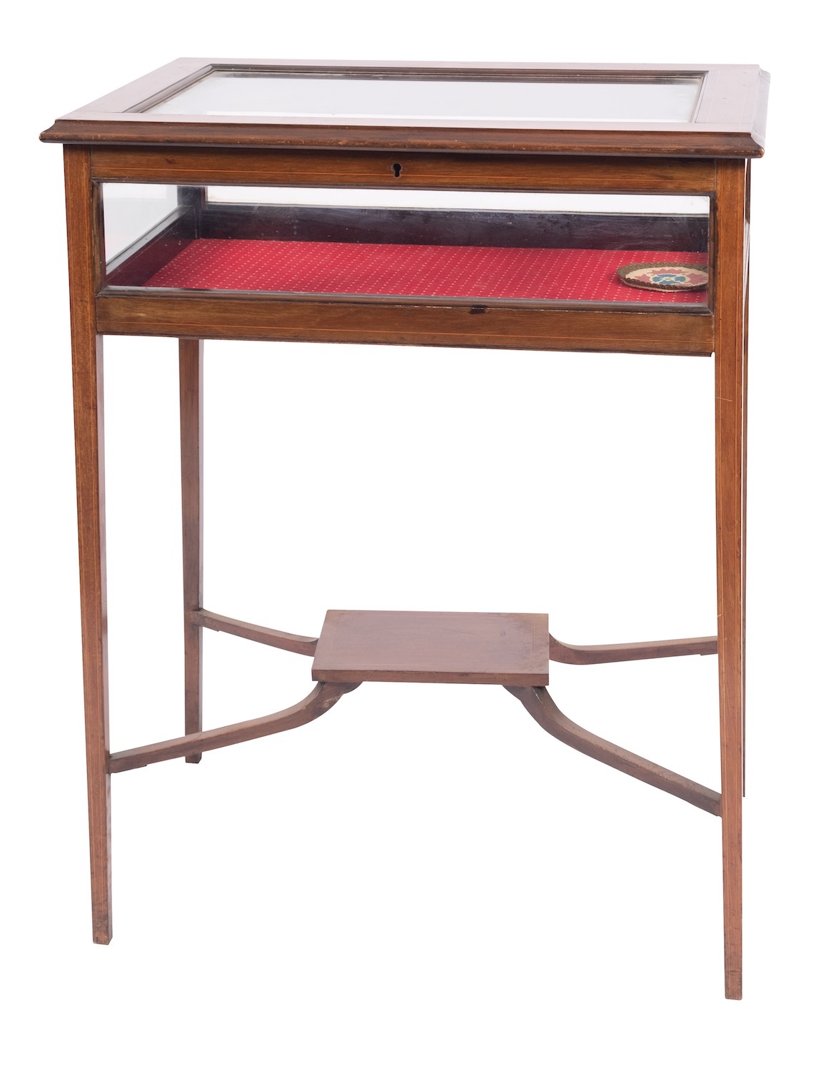 An Edwardian mahogany, line inlaid and glazed bijouterie table,