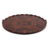 A George III oval oyster laburnum tray, late 18th century; formed of radiating veneers,