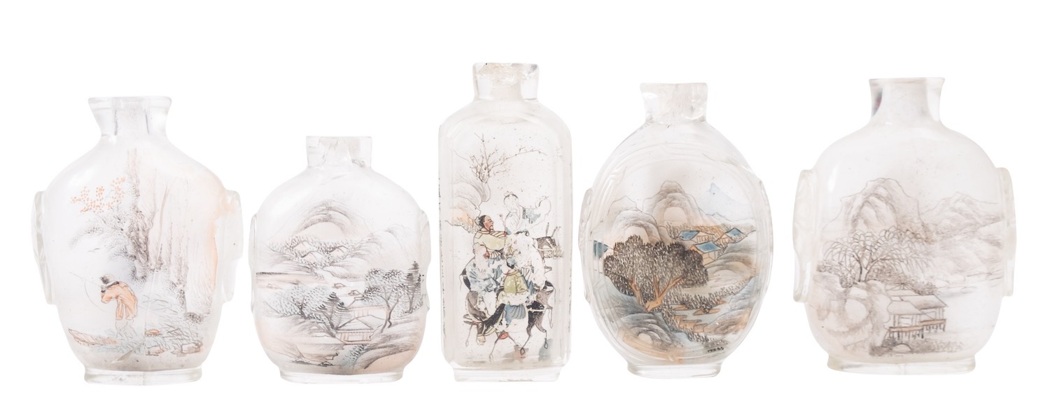 Five Chinese interior painted glass snuff bottles, tallest 8cm high, [damages]. - Image 2 of 2