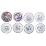 Five Chinese export porcelain plates, each variously painted in blue with chrysanthemum,