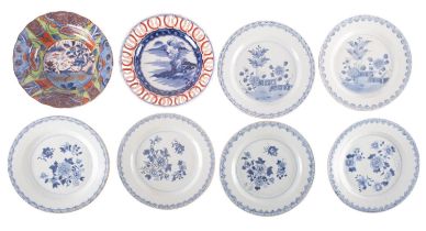 Five Chinese export porcelain plates, each variously painted in blue with chrysanthemum,