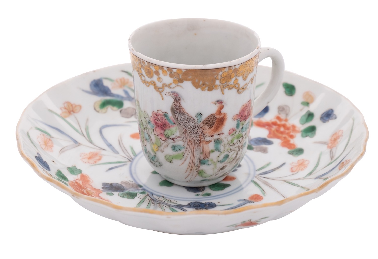 A Chinese famille verte moulded small dish and a famille rose cup,