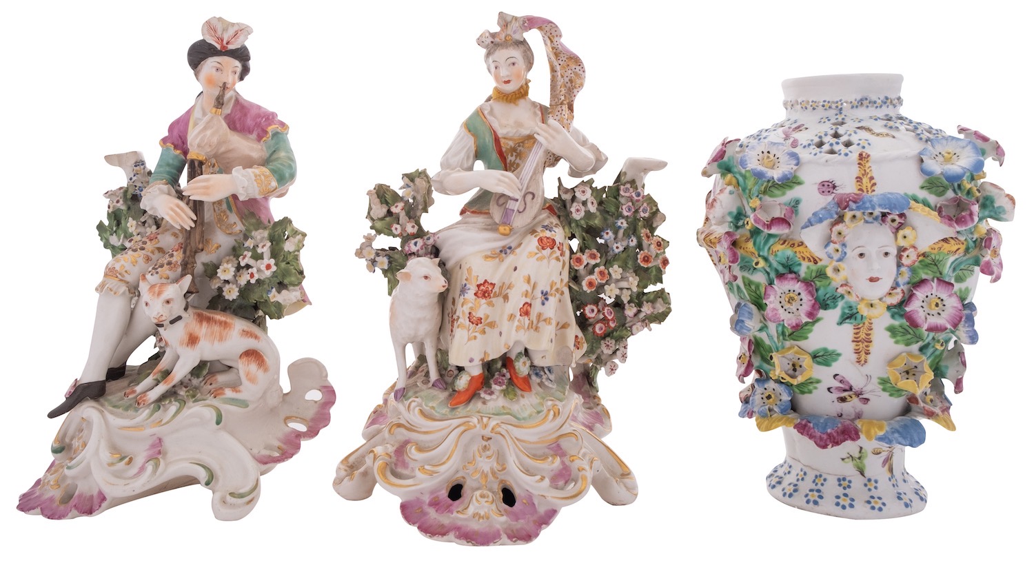 A Bow porcelain frill vase and a pair of Derby candlestick figures of shepherd and shepherdess