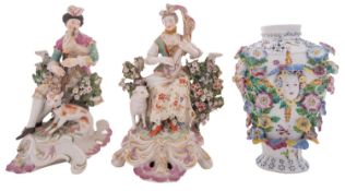 A Bow porcelain frill vase and a pair of Derby candlestick figures of shepherd and shepherdess