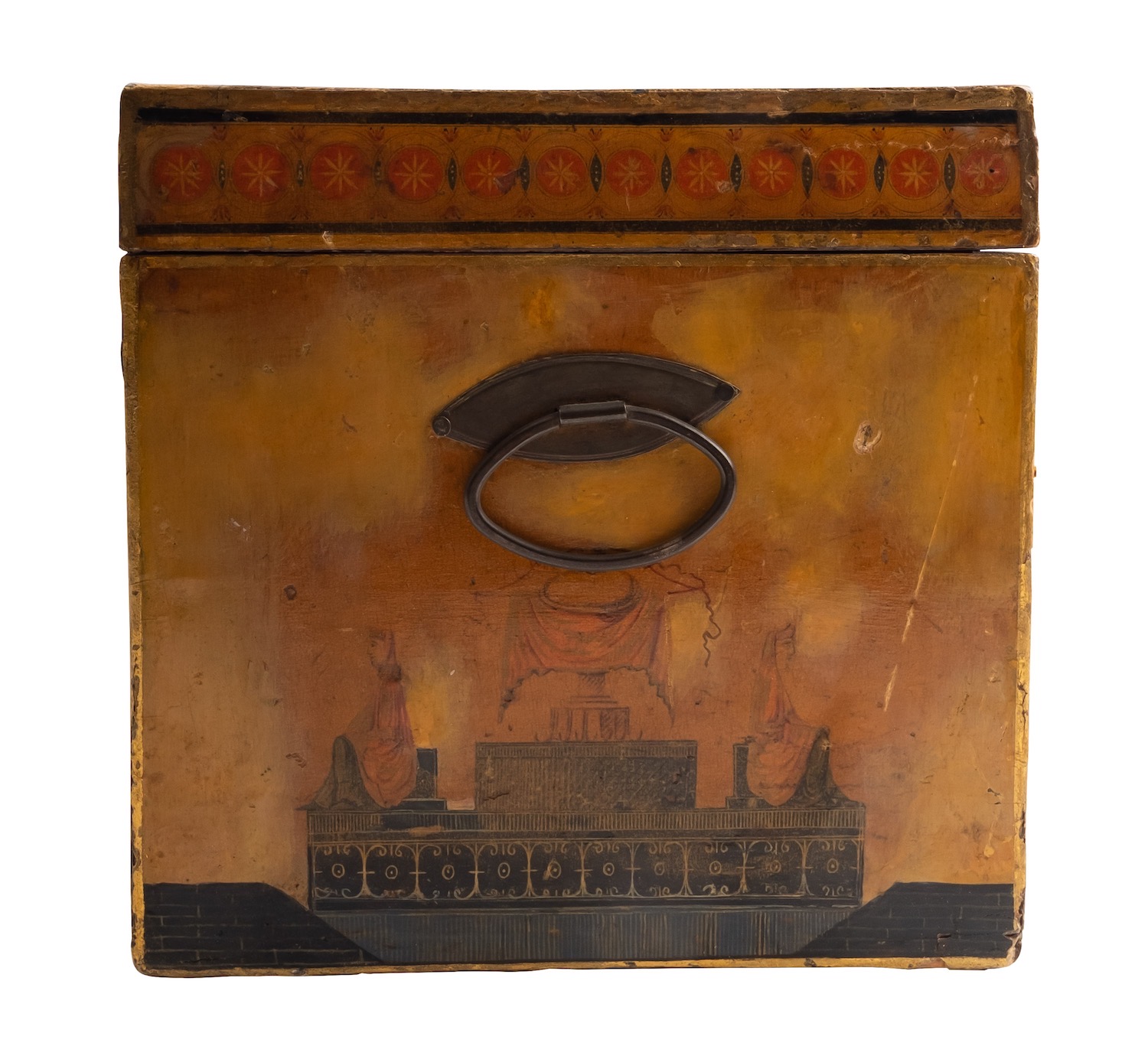 A George III Japanned and pen worked tea caddy, circa 1800; the hinged cover, front, - Image 3 of 6