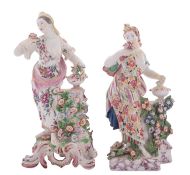 Two Bow porcelain figures of Flora emblematic of Smell from the Five Senses holding posies and
