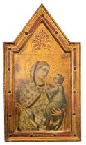 After Pietro Lorenzetti (1280 - 1348), the Madonna and Child; a gilt heightened print on panel,