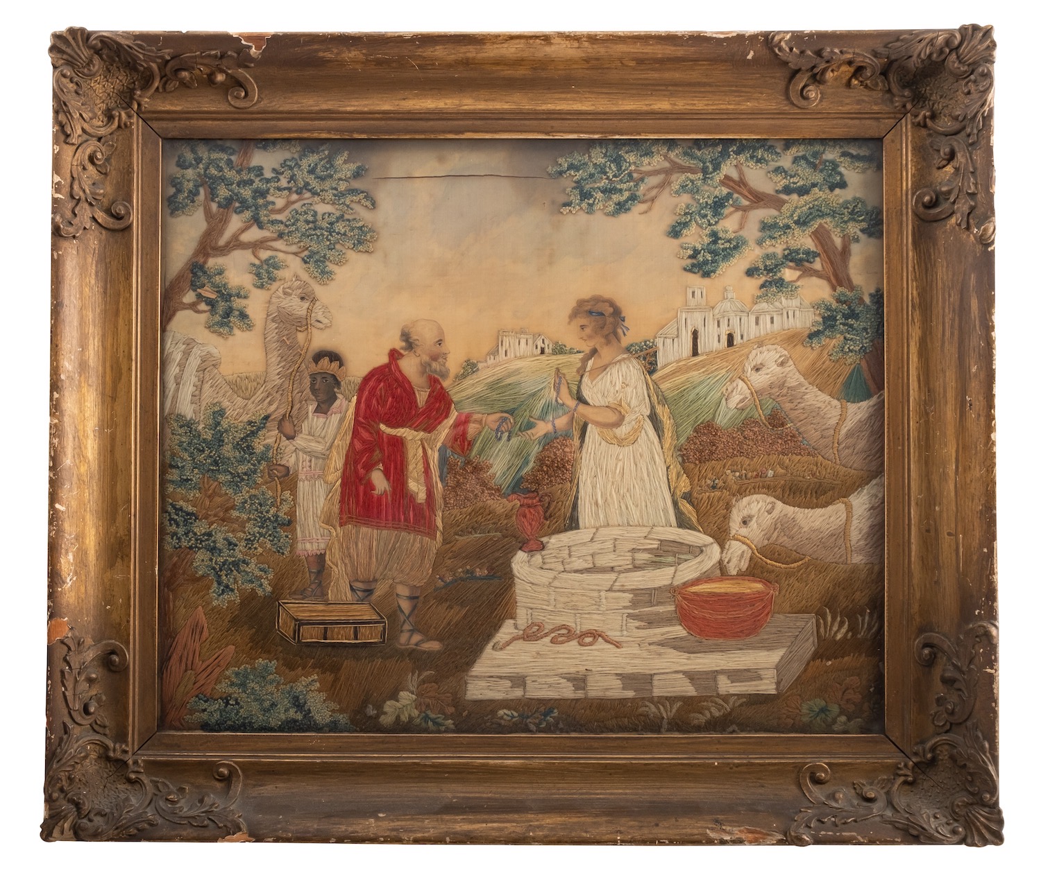 A George III silkwork picture of Rebecca at the Well, last quarter 18th century; with Rebecca,