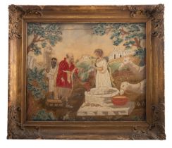 A George III silkwork picture of Rebecca at the Well, last quarter 18th century; with Rebecca,