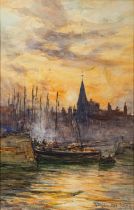 James MacMaster British, (1856-1913) Moored boats in the harbour at sunset,