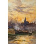 James MacMaster British, (1856-1913) Moored boats in the harbour at sunset,