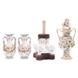 A group of Coalbrookdale-style flower encrusted porcelain and a white porcelain stand,
