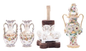 A group of Coalbrookdale-style flower encrusted porcelain and a white porcelain stand,