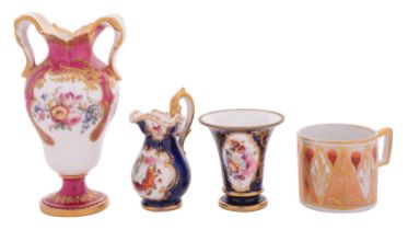 A small Minton pink-ground vase in the Sèvres-style [vase à orielles] together with three miniature