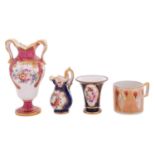 A small Minton pink-ground vase in the Sèvres-style [vase à orielles] together with three miniature