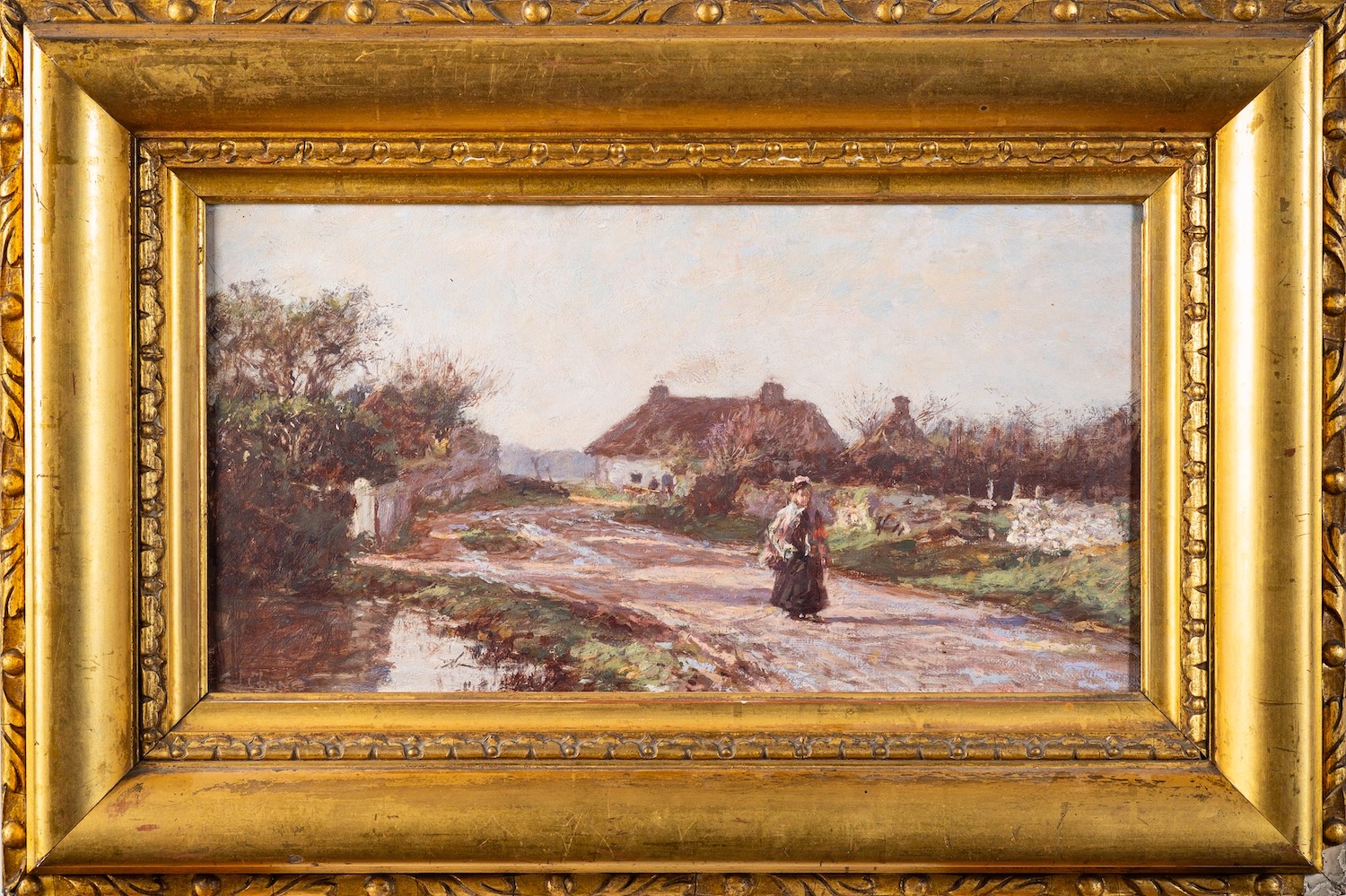 British School (late19th Century) Woman walking on a path among cottages in a village Oil on - Image 2 of 2