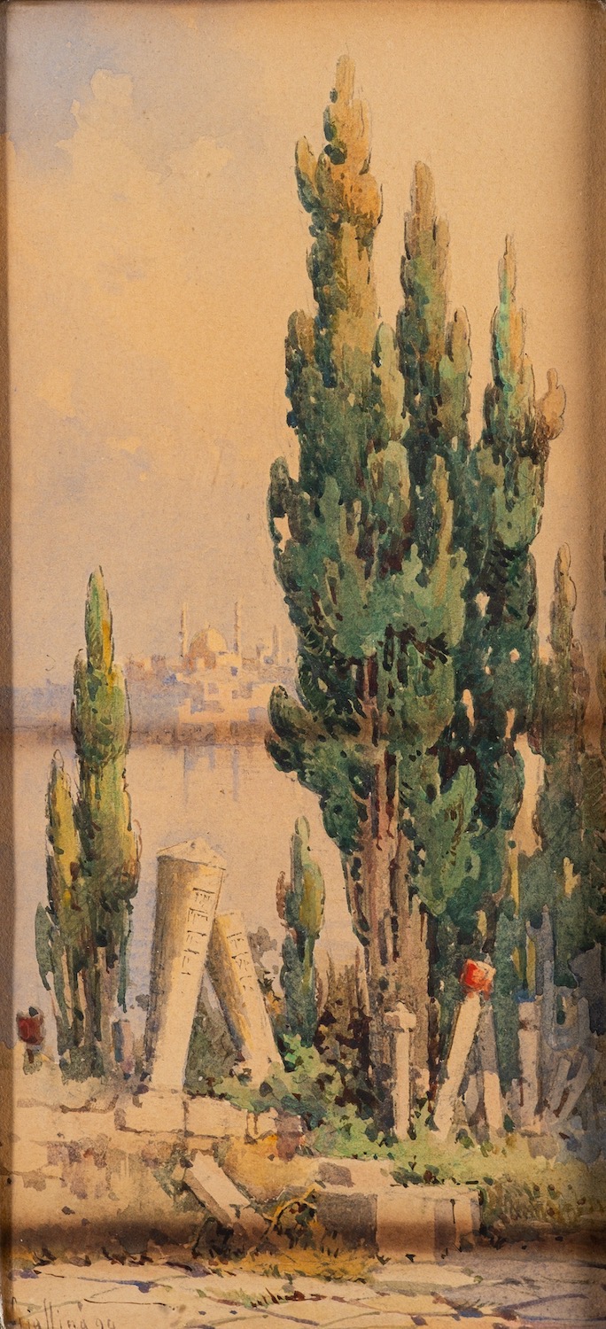 Angelos Giallina (Greek, 1857-1939) A Cemetery in Istanbul Watercolour 29.5 x 13.