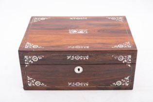 A Victorian mother-of-pearl and rosewood sewing box the lid and front inlaid with a swan and floral