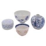 A small mixed lot of Chinese blue and white porcelain comprising a circular bowl painted with