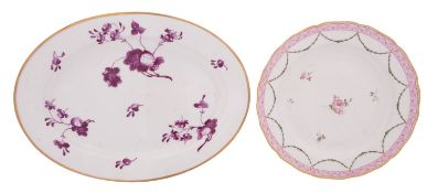 A Derby plate and a Flight Barr & Barr Worcester oval dish the first painted in neo-classical style