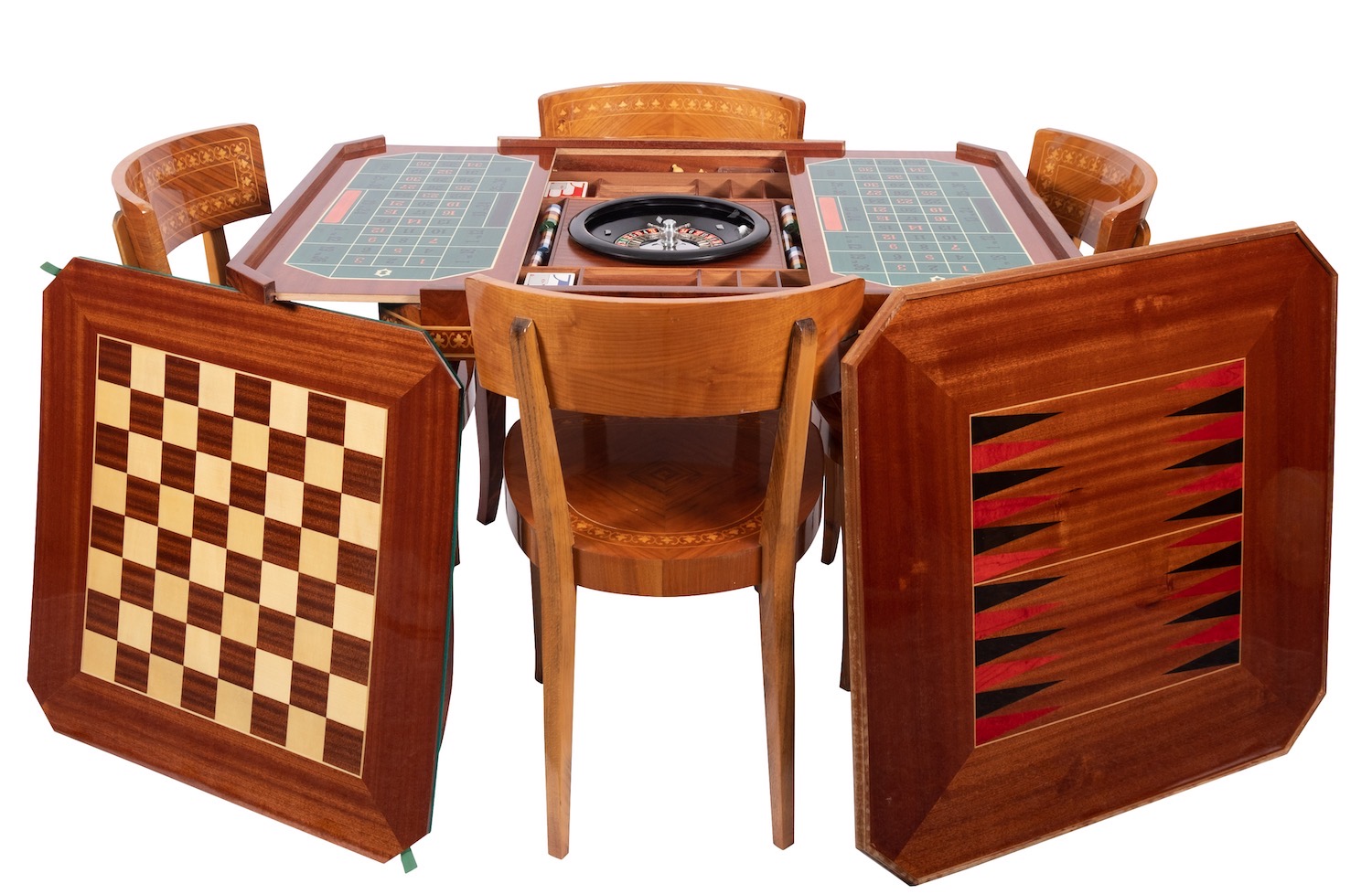 A Sorrentoware walnut and marquetry games table with four chairs en suite, - Image 2 of 3