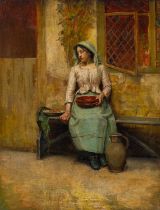 British School, 19th Century A seated, sleeping woman outside a cottage, holding earthenware plates.