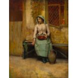 British School, 19th Century A seated, sleeping woman outside a cottage, holding earthenware plates.