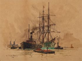 Charles Edward Dixon (British, 1872-1934) Shipping off the docks Watercolour 22 x 29.