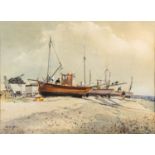 Brian Hayes (British, 20th Century) Beached fishing boats at Budleigh Watercolour 30 x 41.