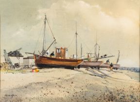 Brian Hayes (British, 20th Century) Beached fishing boats at Budleigh Watercolour 30 x 41.