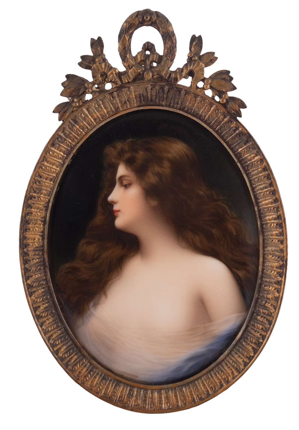 A Dresden porcelain oval plaque painted with a female half portrait in a diaphanous top, 14cm high,