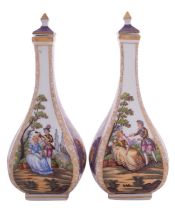 A pair of Dresden [Potschappel] square-section bottle vases and covers painted in the Augustus Rex